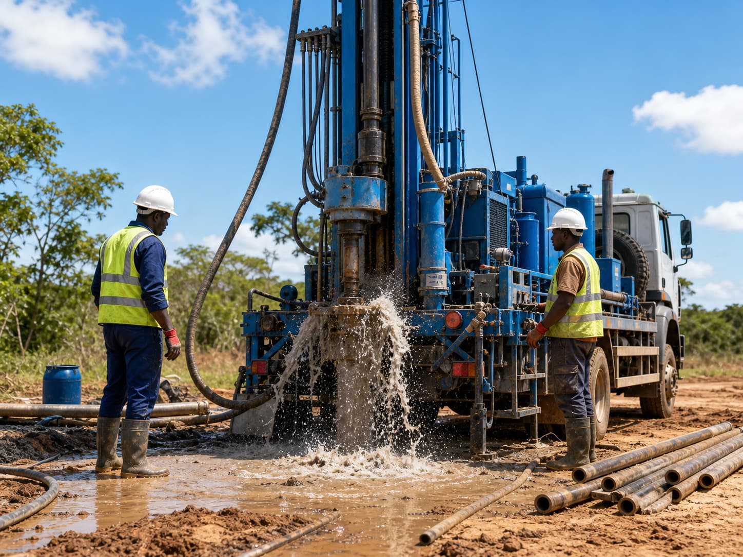 Machine de forage en activité sur un chantier d’eau