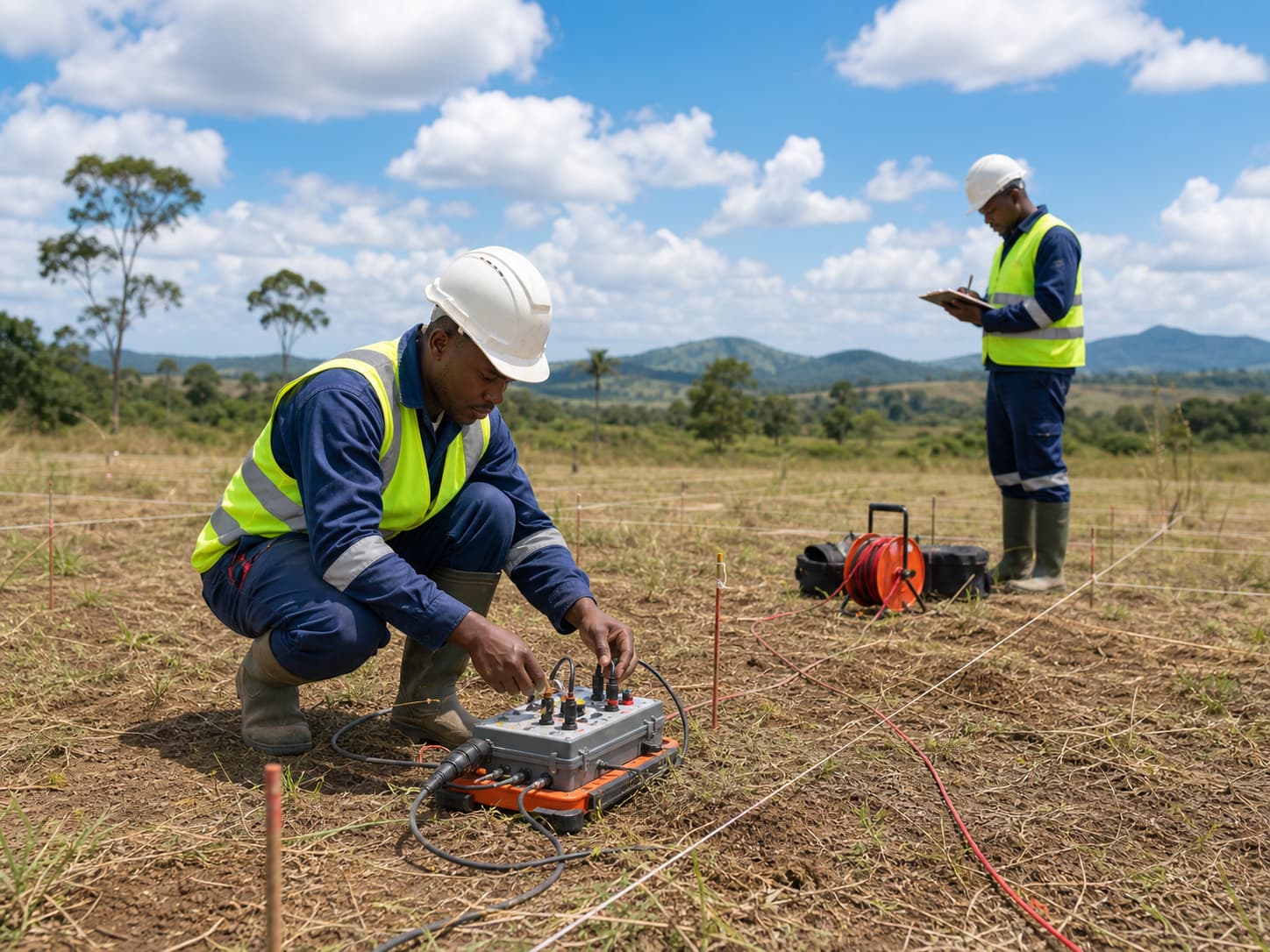 Technicien réalisant une étude géophysique sur un terrain au Cameroun