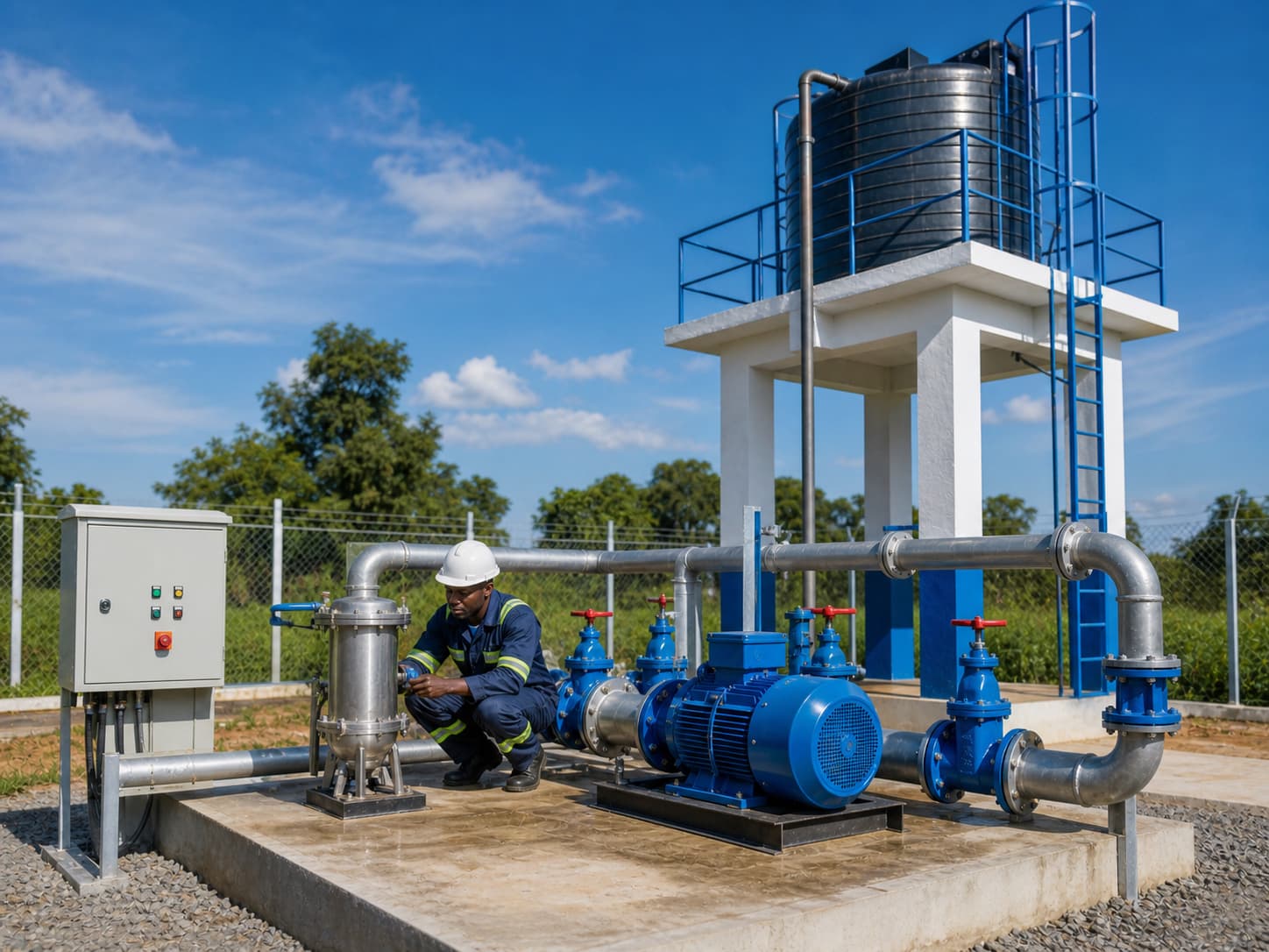 Installation de pompe à eau moderne avec tuyauterie soignée