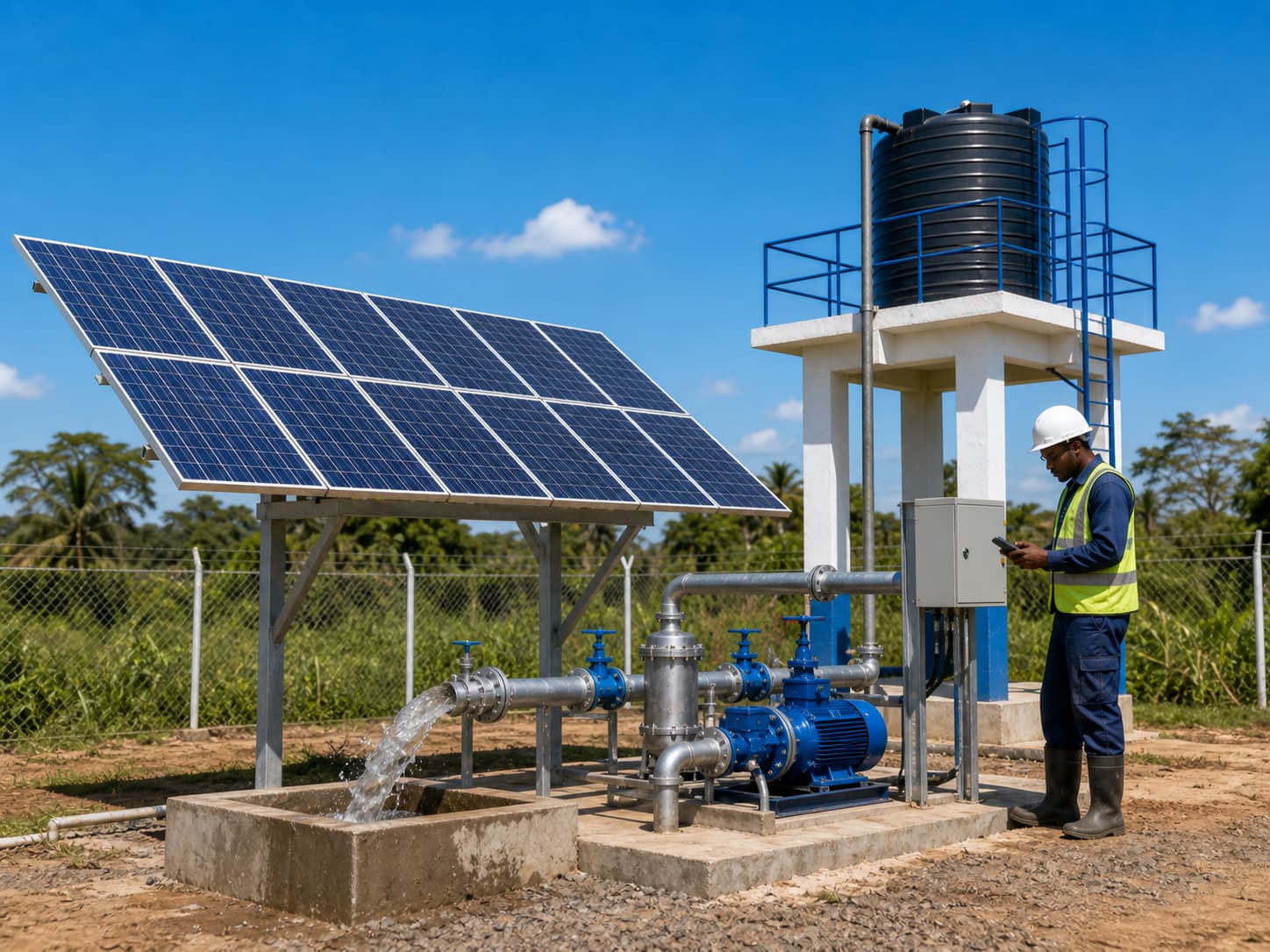 Panneaux solaires alimentant un système de pompage d’eau