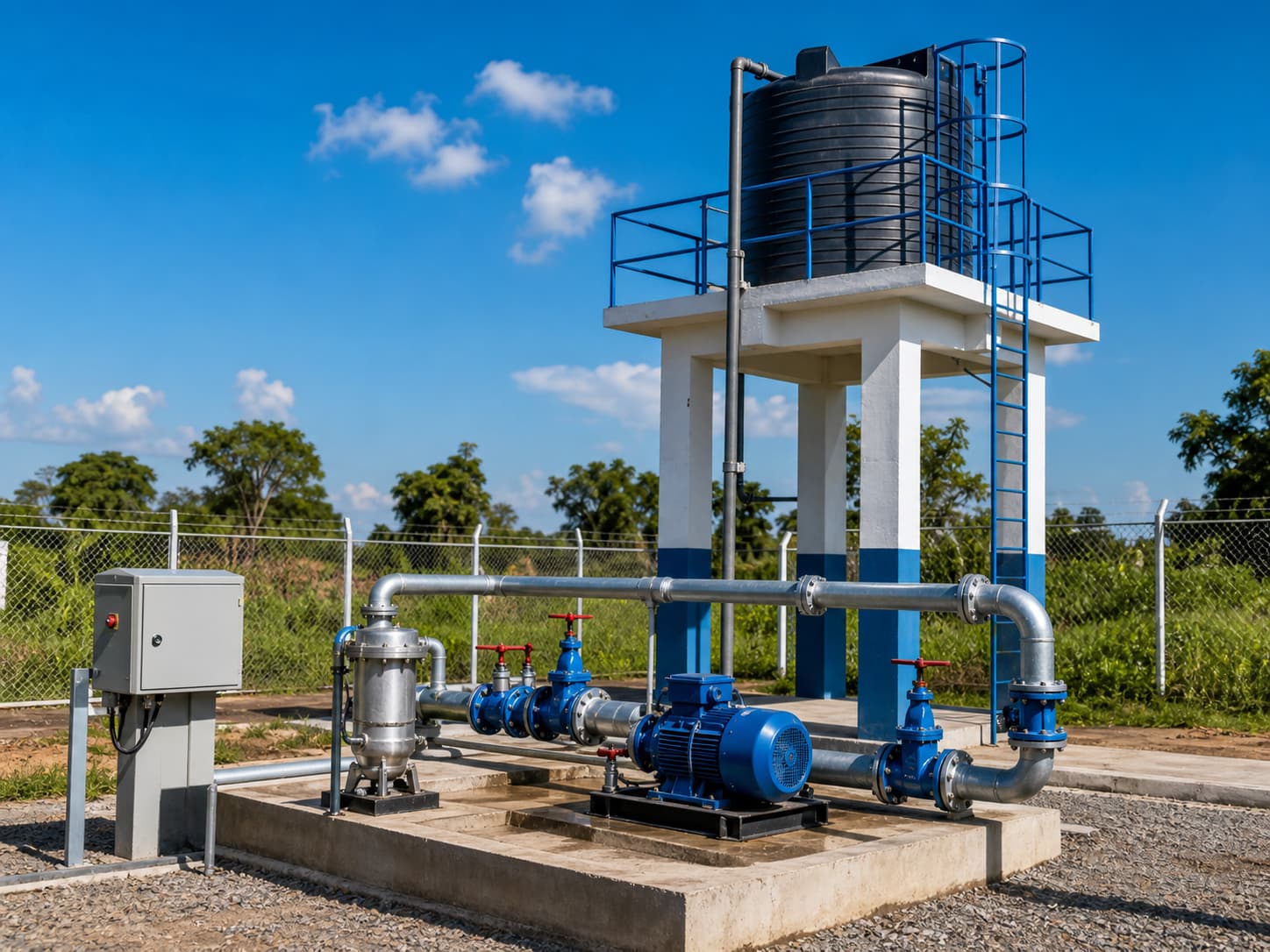 Réservoir d’eau et distribution sur un site technique